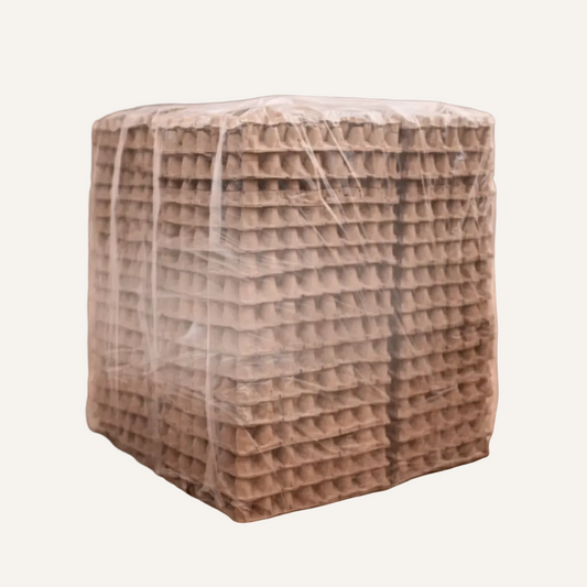 Stack of brown egg crates wrapped in clear plastic with 'Product Image Coming Soon' text overlay.